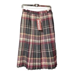 Persona Women's Pleated A-Line Wool Blend Skirt Maroon Charcoal Plaid Size 14